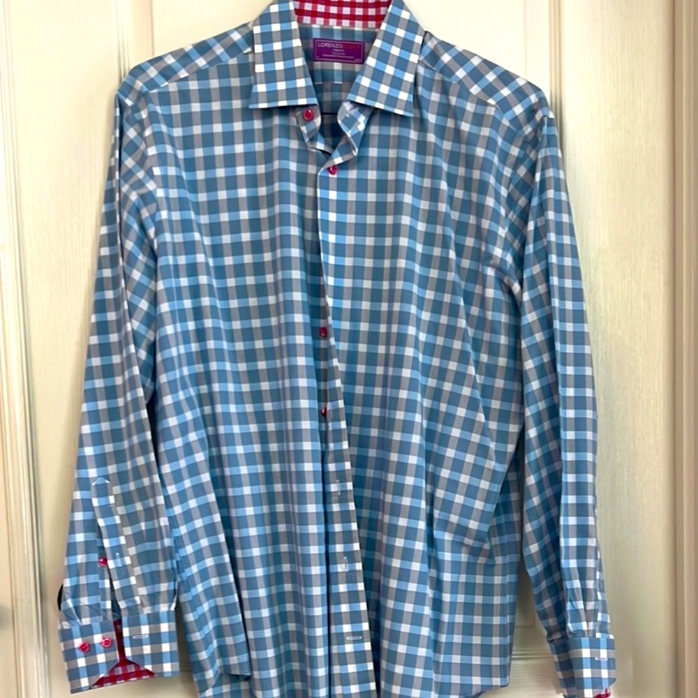 Lorenzo Uomo Blue White w/ Pink accents Button Down Shirt 34/35